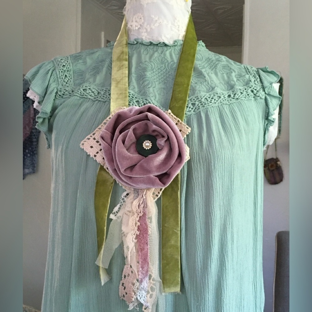 Handmade Crushed Velvet Rose Bib Necklace Sage Green Lace